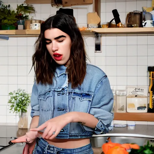 Prompt: Dua Lipa singing a song in the kitchen