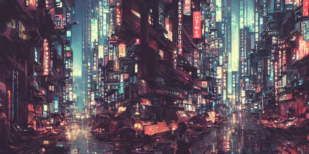Image similar to cinematic high contrast graphic illustration of a hyper detailed street in neo tokyo by greg rutkowski
