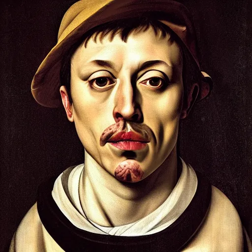 Image similar to a caravaggio face portrait of melon husk, elon musks much fruitier genetically engineered cousin, 4 k