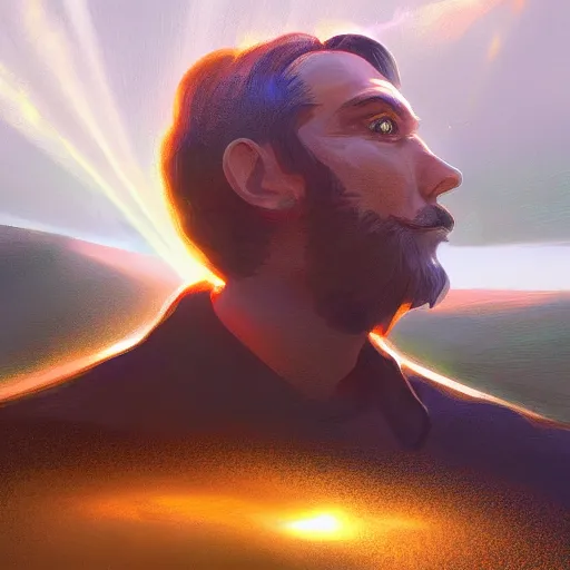 Image similar to Giant head of david copperfield with four wheels, running fast on a californian highway, digital painting, 4k, rays of light, particles light, kuvshinov ilya