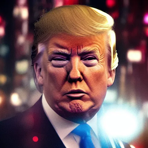 Prompt: Donald Trump, splash art, movie still, cinematic lighting, dramatic, octane render, long lens, shallow depth of field, bokeh, anamorphic lens flare, 8k, hyper detailed, 35mm film grain