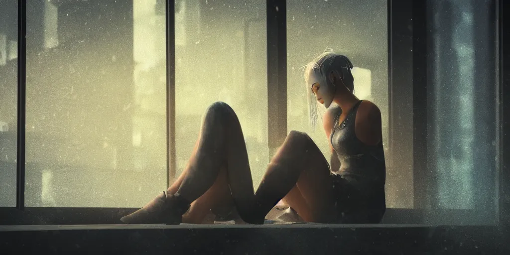 Image similar to sad girl sitting by the window, cyberpunk, accurate features, focus, very intricate ultrafine details, masterpiece, 8 k hd, realistic shaded lighting, detailed render, detailed backgrounds, epic composition, soft neon lights, rain