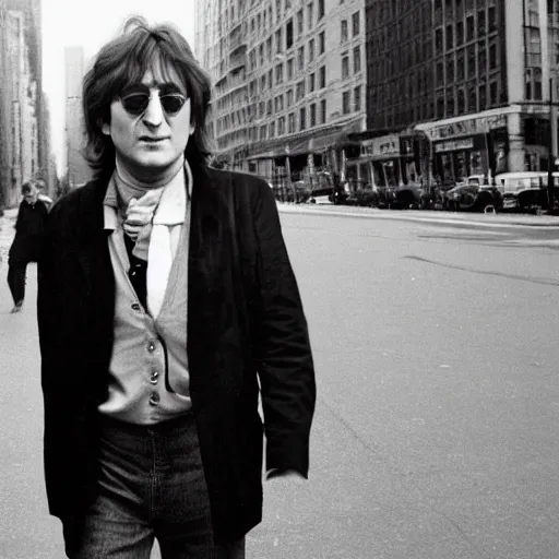 Image similar to John Lennon walking down a street in new York, hyper realistic, HD, HQ, photo realistic