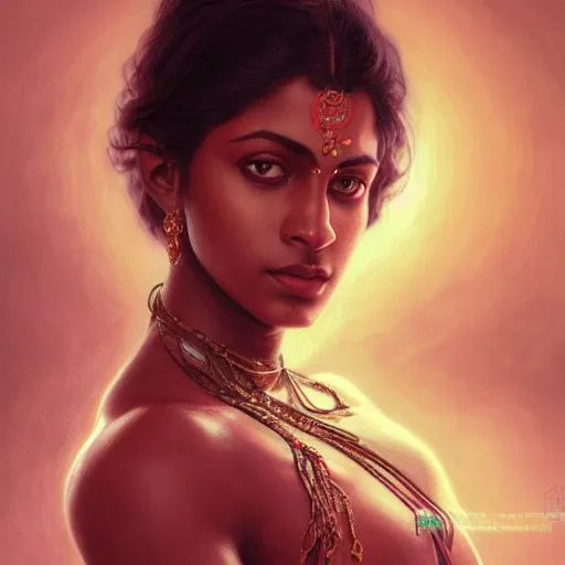 Image similar to portrait painting of dark muscular indian women kissing, ultra realistic, concept art, intricate details, eerie, highly detailed, photorealistic, octane render, 8 k, unreal engine. art by artgerm and greg rutkowski and alphonse mucha