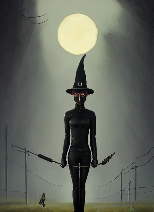 Prompt: perfectly centred realistic picture of a character dressed in leather tight suit and witch hat, dark, poster, ralph mcquarrie, simon stalenhag