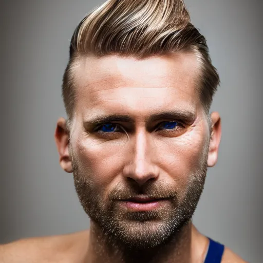 Prompt: close up of face of very handsome 4 0 year old slavic blond man with blond stubble, very short wavy blond hair in a short pompadour style, pale skin, very dark blue eyes, hairy shoulders, hairy chest, portrait, 4 k