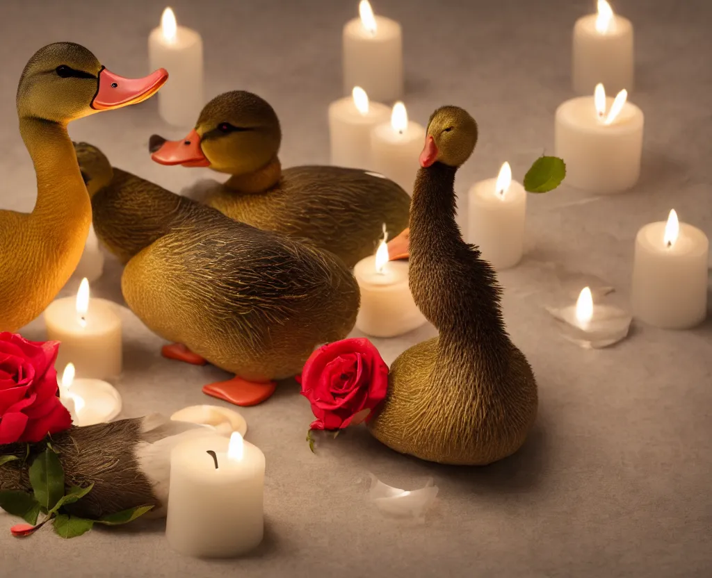 Prompt: two ducks with funny hats on their heads having a romantic dinner with candles champagne petals roses, highly detailed, 8 k ultrahd hd resolution