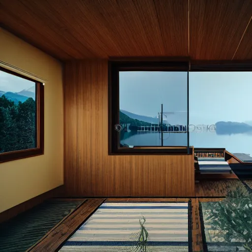 Prompt: wes anderson style modern futuristic house near the lake and forest, cinematic, realism, photo, highly details