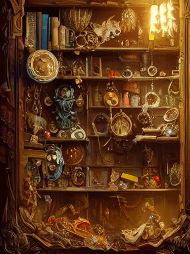 Prompt: a really messy shelf, full of different trinkets. intricate, elegant, highly detailed, digital painting, artstation, concept art, sharp focus, illustration, by justin gerard and artgerm, 8 k