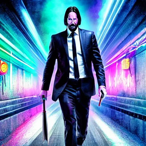 Prompt: Keanu Reaves riding a unicorn thought a HDR neon lit alley, a still shot from John Wick 2, holding a gin, arm outsreched, shooting at character dressed as Luigi from Mario, epic fantasy style, digital art, 8k high defition