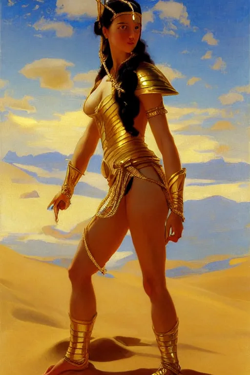 Prompt: young dejah thoris wearing tight gold armor after a battle, with naked beautiful feet with blue pedicure, copious gold jewelry, sand dunes to the horizon, late afternoon, fantasy, oil painting on canvas, by sargent and leyendecker