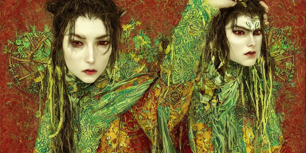 Prompt: face portrait of a single medieval forest shaman female, wicca symbols dnd, green and gold patterned clothes with stitched magical symbols, by bayard wu