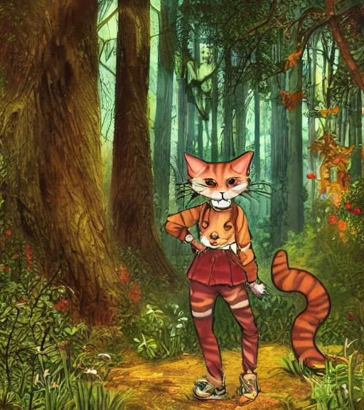 Prompt: character portrait of the anthro anthropomorphic cat head animal person fursona wearing clothes standing in the bright forest, hidari, color page, tankoban, 4 k, tone mapping, akihiko yoshida