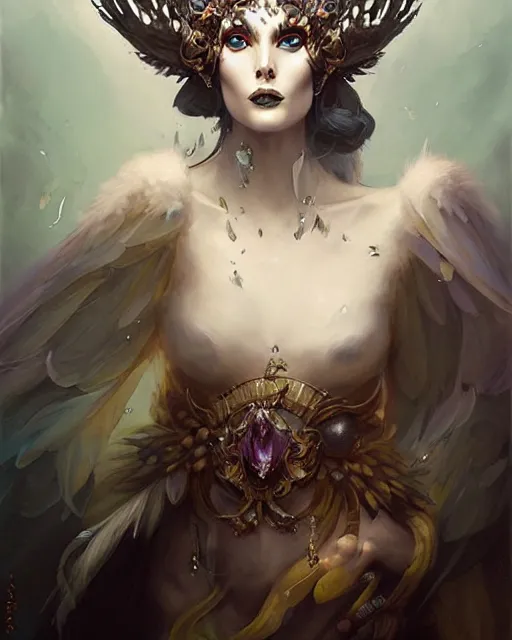 Prompt: a fantasy owl queen, beauty portrait by peter mohrbacher, tom bagshaw, greg rutkowski, wlop, ruan jia, opulent costume inspired by iris van herpen