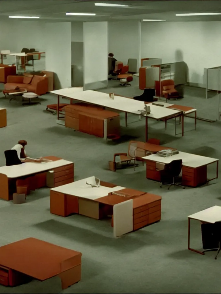 Image similar to a still of severance series indoor 7 0 s furniture office scenario appearing in a film of jacques tati