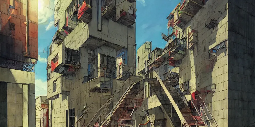 Image similar to neo brutralism, concrete housing, a long stairway going up, concept art, colorful, vivid colors, sunshine, light, shadows, reflections, oilpainting, cinematic, 3D, in the style of Akihiko Yoshida and Edward Hopper
