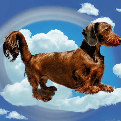 Image similar to an elderly, grey wire-haired dachshund floating in heaven, blue sky, surrounded by beautiful white clouds, with a halo