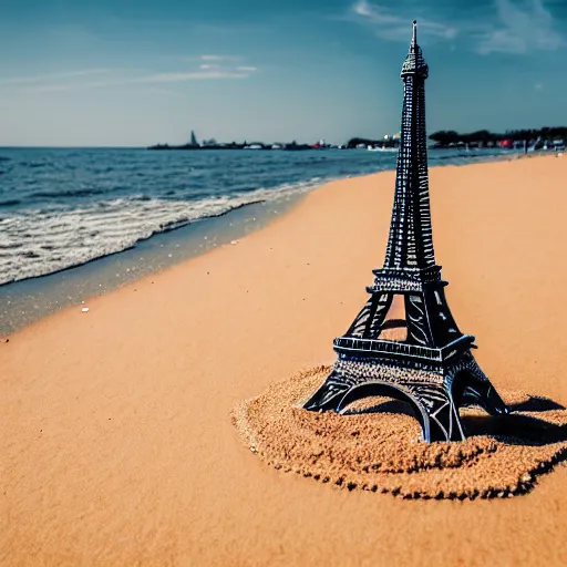 Image similar to photography of eiffel tower made of sand on the beach with the ocean in background