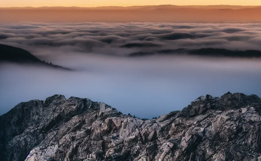 Prompt: a high rocky mountain peak above the clouds overlooks a misty mountainous landscape at sunrise, 4k digital art, trending on artstation, golden hour, beautiful lighting