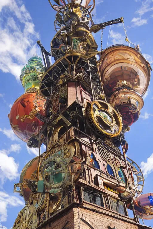 Prompt: A giant steampunk tower rises to the heavens surrounded by a multicolored marketplace, flying in the sky are steampunk aircraft