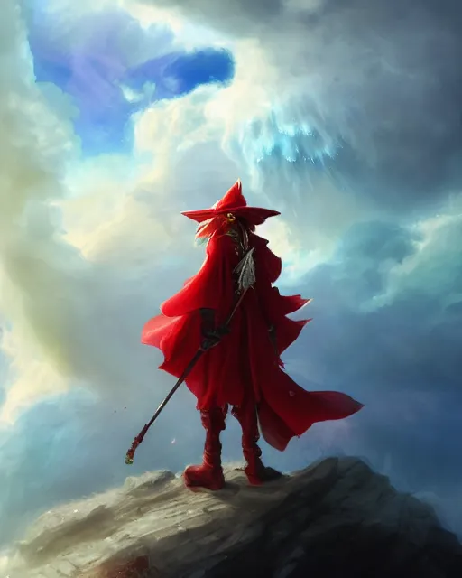 Prompt: A Full View of a Red Mage wearing magical shining armor and a feathered hat surrounded by an epic cloudscape. Magus. Red Wizard. Magimaster. Fantasy Illustration. masterpiece. 4k digital illustration. by Ruan Jia and Mandy Jurgens and Artgerm and greg rutkowski and Alexander Tsaruk and WLOP and Range Murata, award winning, Artstation, art nouveau aesthetic, Alphonse Mucha background, intricate details, realistic, panoramic view, Hyperdetailed, 8k resolution, intricate art nouveau