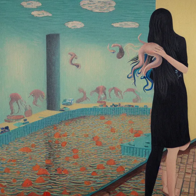 Image similar to tall female emo artist holding an octopus in a flooded cafe, bagels, pigs, water gushing from ceiling, painting of flood waters inside a cafe, a river flooding indoors, pomegranates, pigs, ikebana, water, octopus, river, rapids, waterfall, black swans, zen, canoe, berries, acrylic on canvas, surrealist, by magritte and monet