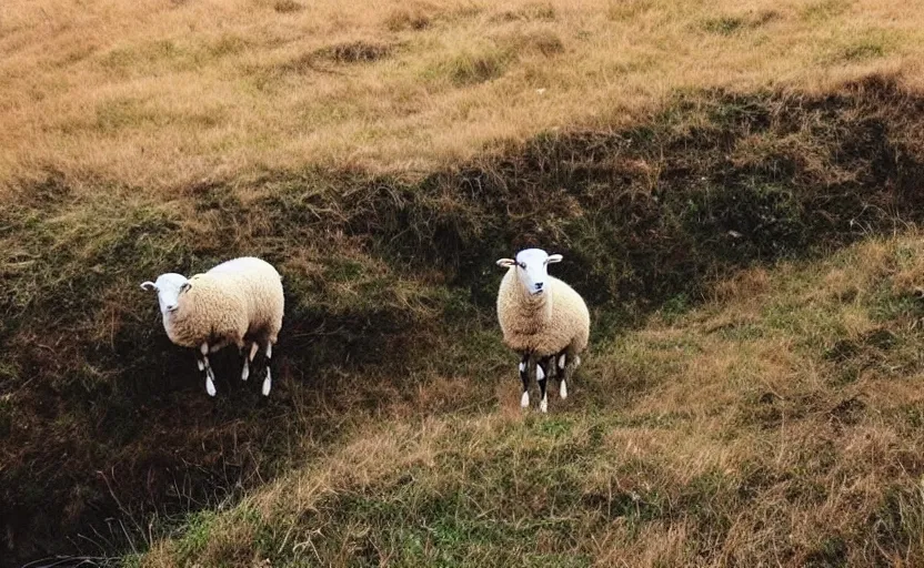 Image similar to “sheep, following other sheep, jumping off a cliff”