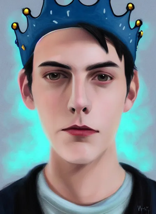 Image similar to portrait of teenage jughead jones wearing a light grey crown, crown, blue turtleneck, 1 9 5 0 s, closed eyes, photorealistic, black hair, glowing lighting, intricate, elegant, glowing lights, highly detailed, digital painting, artstation, concept art, smooth, sharp focus, illustration, art by wlop, mars ravelo and greg rutkowski