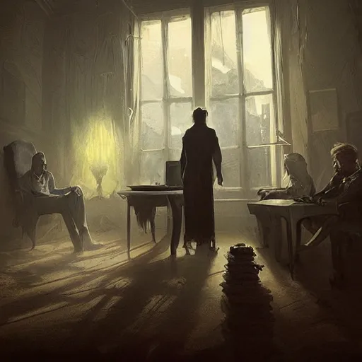 Prompt: a group of ghost in the room office trump, nuri iyem, james gurney, james jean, greg rutkowski, anato finnstark, donald trump, instagram photo shoot, cinematic