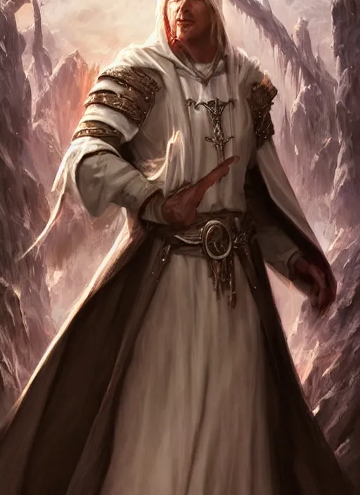 Prompt: white cloak priest, ultra detailed fantasy, dndbeyond, bright, colourful, realistic, dnd character portrait, full body, pathfinder, pinterest, art by ralph horsley, dnd, rpg, lotr game design fanart by concept art, behance hd, artstation, deviantart, hdr render in unreal engine 5