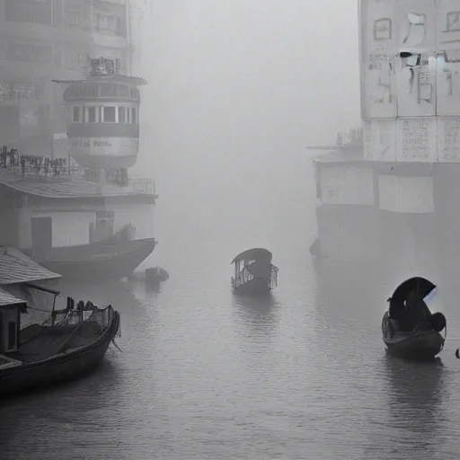 Prompt: hongkong life in a fog morning, by fan ho,