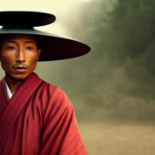 Image similar to cinematic film still Pharrell Williams starring as a Samurai holding fire, Japanese CGI, VFX, 2003, 40mm lens, shallow depth of field,film photography