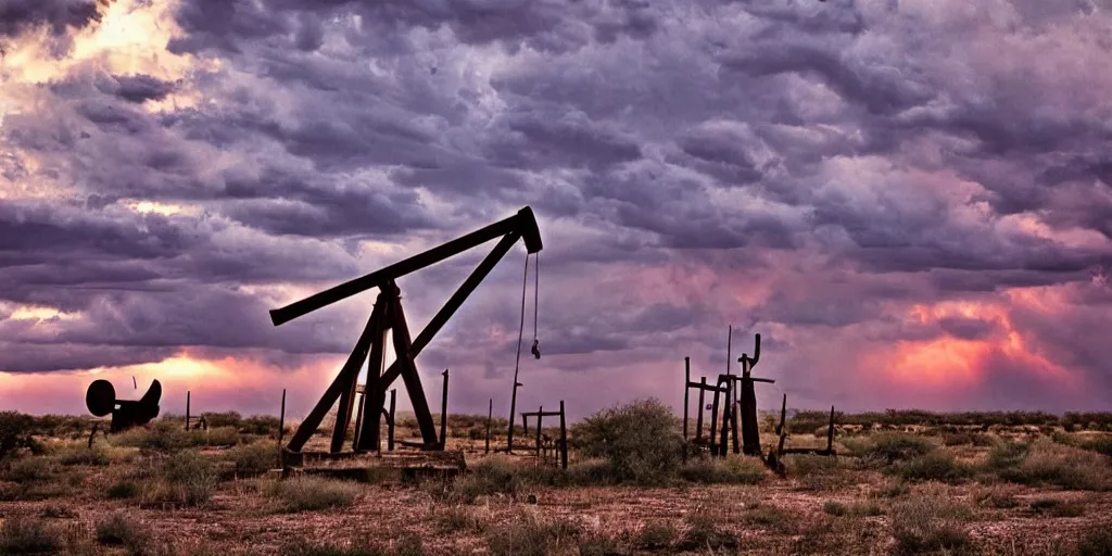 Image similar to photo of a stormy west texas sunset, perfect rustic ( ( pumpjack ) ), film photography, lightning, golden hour, high quality, beautiful!!!