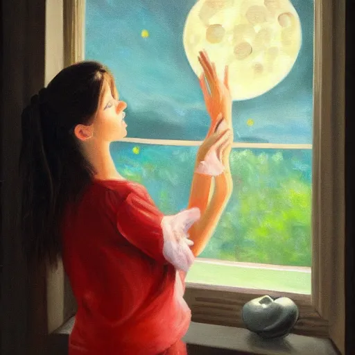 Image similar to painting of brunette girl looking out the window at the moon, love