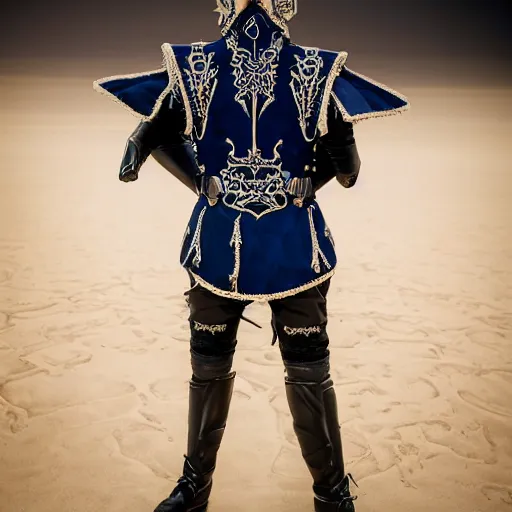 Prompt: upper view of adult Austin Butler dressed in futuristic-baroque prussian blue duelist-garb with Griffin-Ram embroidery emblem, and nanocarbon-vest and greaves, standing in an arena in Dune 2020, XF IQ4, f/1.4, ISO 200, 1/160s, 8K, RAW, unedited, symmetrical balance, face in-frame