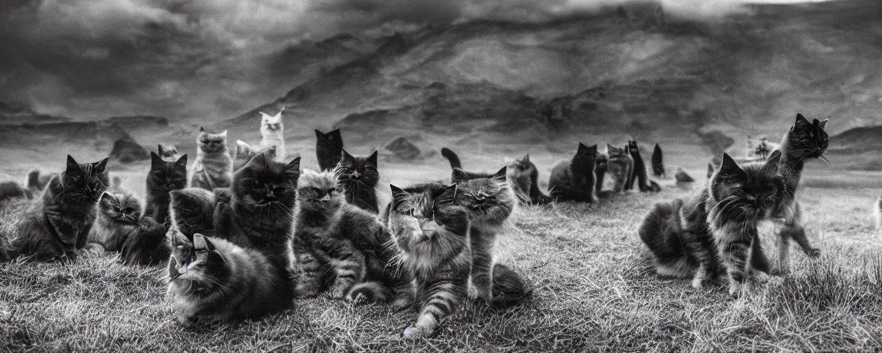 Prompt: 'a vast moody landscape, thousands of cats face an opposing group of dogs, photographic, wide-shot, outdoors, dramatic lighting'