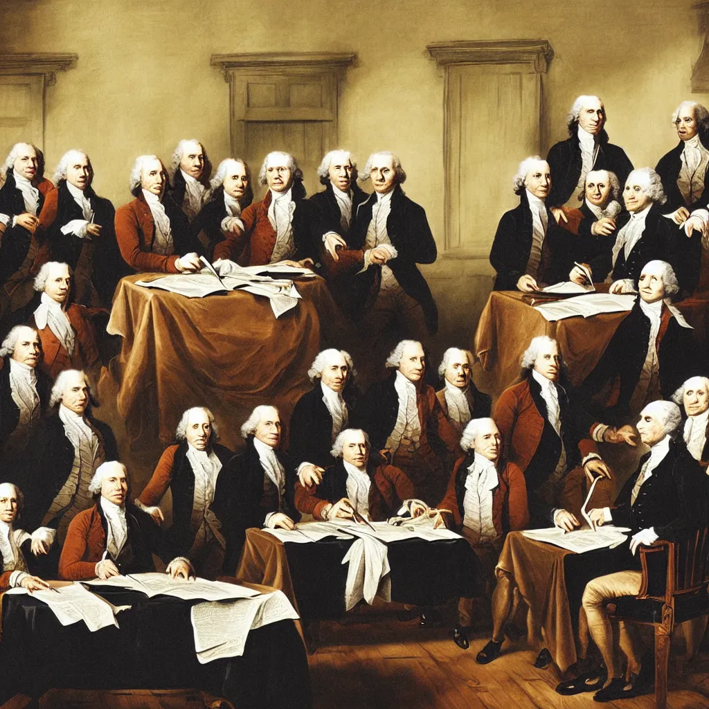 Image similar to the founding fathers as cats signing the declaration of independence, by john trumball