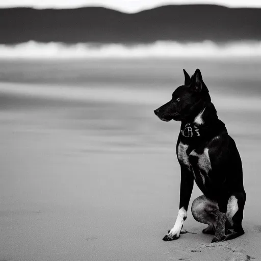 Image similar to black and white photograph of a dog that is a king in the beach