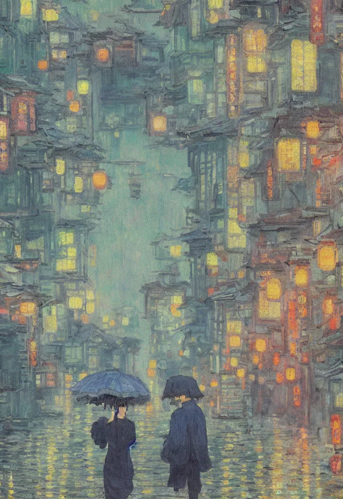 Prompt: a beautiful japanese city near the sea, ryokans and edo era houses, cyberpunk, lofi vibe, oil painting in impressionist style, by monet, by makoto shinkai, multiple brush strokes, inspired by ghibli, masterpiece