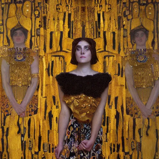 Image similar to a dramatic cinematic portrait photograph of athena influenced by gustav klimt.