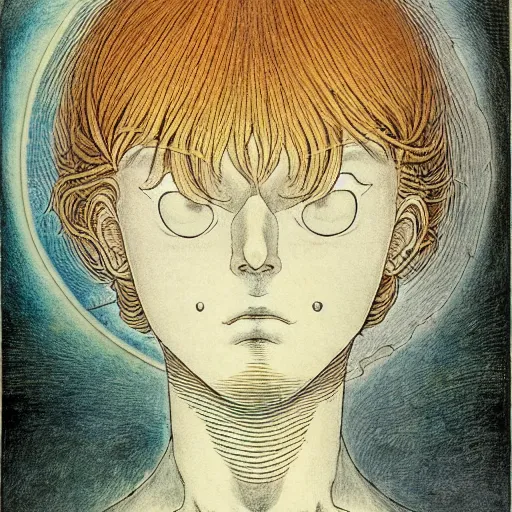 Image similar to prompt: Fragile looking vessel portrait face drawn by Katsuhiro Otomo, inspired by William Blake, magical and alchemical objects on the side, soft light, white background, intricate detail, intricate ink painting detail, sharp high detail, manga and anime 2000