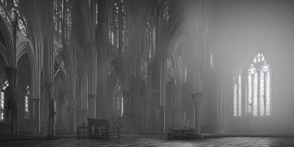 Image similar to gothic cathedral, light through the mist, dramatic lighting, photorealistic, cinematic lighting, high detail, cinematic feel, high octane, 4K, Unreal Engine, digital render, intricate, ultra realistic