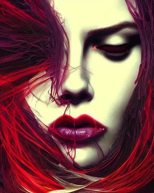 Image similar to glitch art close up portrait intense vampire, flowing hair, glitches, highly detailed, very intricate, graphical errors, art deco, glitch, chromatic aberration, harsh lighting, award - winning, unreal engine 5, illustration by mandy jurgens and alphonse mucha and alena aenami, black and red only!!!, featured on artstation