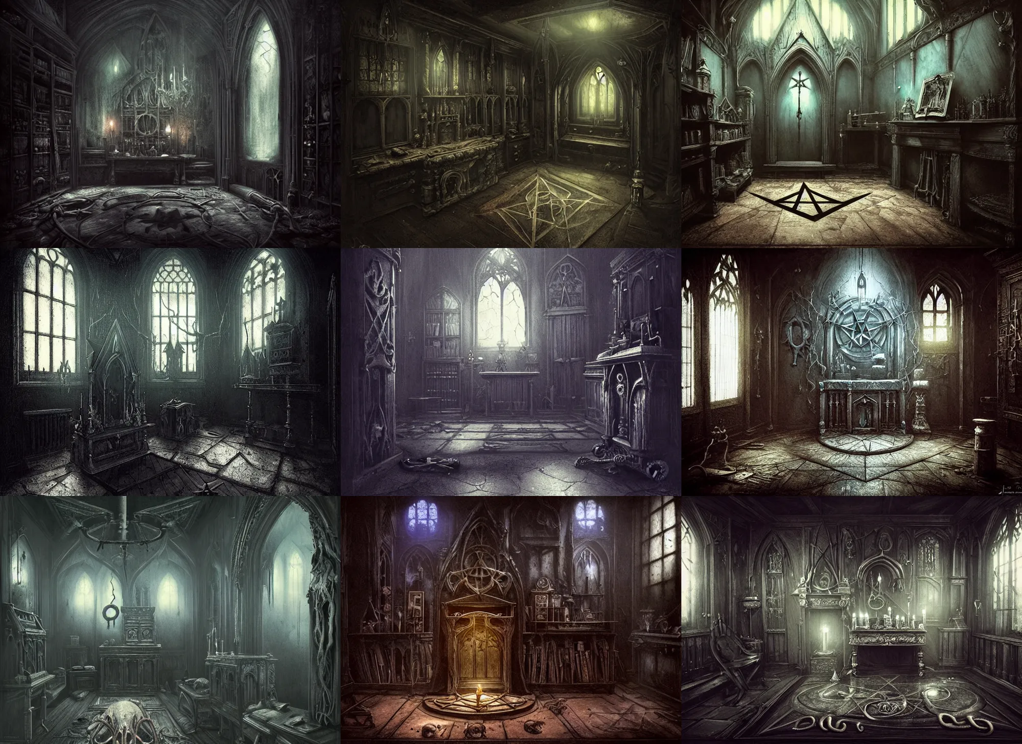 Prompt: gothic mansion secret room altar stone and pentagram, wooden floor, darkness, evil, creepy, science, 1 9 century, hard atmosphere, lovercraft, insmouth, tentacles, artwork, paint, blue tones, detailed, by bastien lecouffe deharme, by jeremy mann, by alexander fedosav