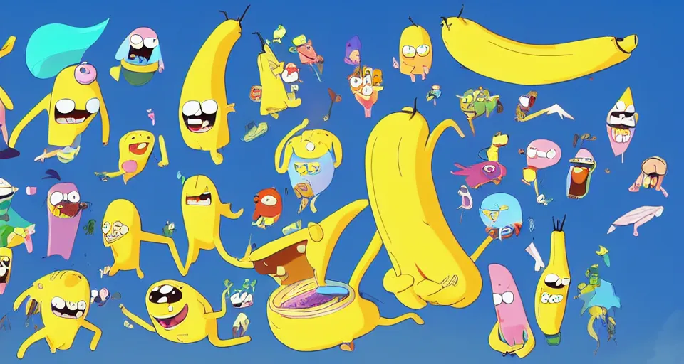 Image similar to cartoon bananas with wings and beaks, swimming in ice cream, in the style of adventure time, the amazing world of gumball, pixar, makoto shinkai, trending on artstation