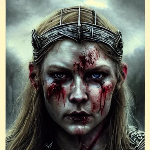 Prompt: Ultrawide realistic photo of a bloody fierce viking woman, leading a battle, battle-scarred mind-blowing details, highly detailed face, ethereal, ominous, scarred, highly detailed, viking attire, cinematic, 16k, 1080s, smooth, sharp focus, by Stanley Artgermm, Tom Bagshaw, Greg Rutkowski, Vincent di Fate, Carne Griffiths, Ayami Kojima, trending on DeviantArt, hyper detailed, full of color, digital art, Vibrant colors, Smooth gradients, High contrast, depth of field, shot on Canon Camera