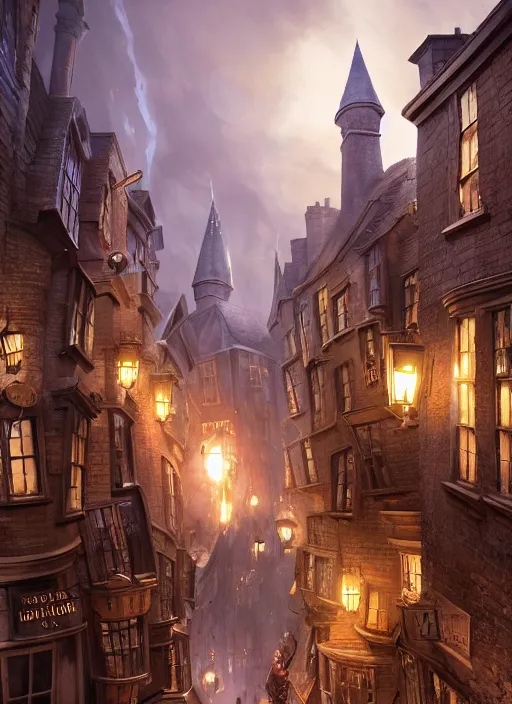 Prompt: diagonalley from the harry potter movie, dramatic lighting, cinematic, establishing shot, extremly high detail, foto realistic, pirates of the carribean, cinematic lighting, post processed, concept art, artstation, matte painting, style by eddie mendoza, raphael lacoste, alex ross