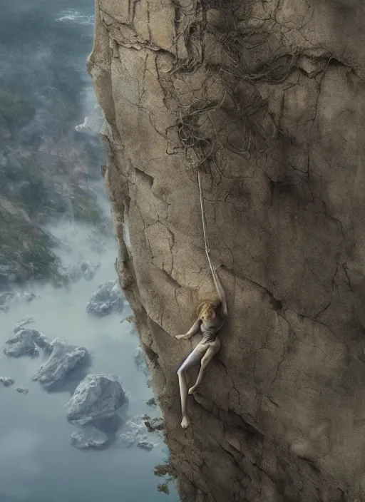 Image similar to action shot of Nicole Kidman hanging from a cliff face, Les Edwards, Zdzislaw Beksinski, Carl Gustav Carus, John Harris, Michal Karcz, Zhang Kechun, Mikko Lagerstedt, Scott Listfield, Steven Outram, Jessica Rossier