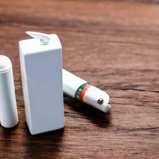 Prompt: a normal lighter next to an aspirin on a white laminate countertop