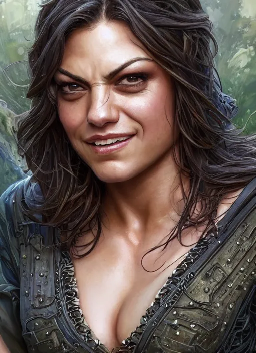 Image similar to muscled Mila Kunis grinning as a ruggedly handsome heroine, intricate, elegant, highly detailed, centered, artstation, concept art, smooth, sharp focus, illustration, bokeh art by artgerm and donato giancola and Joseph Christian Leyendecker, WLOP